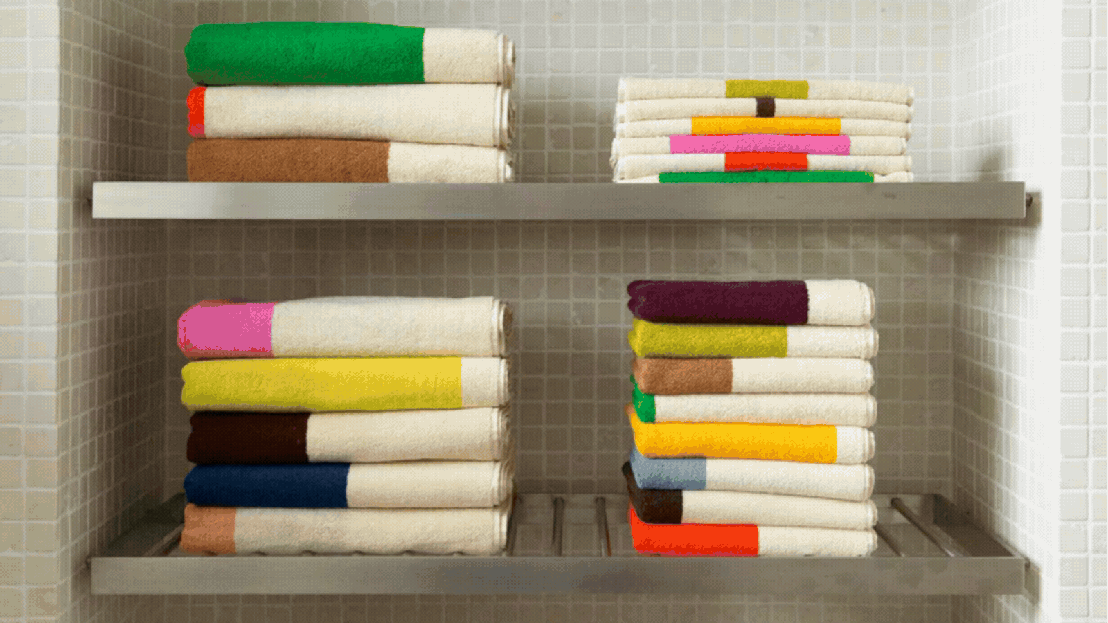 Rotating GIF of three lifestyle images that depict new homeware releases. One is of colorful towels, one is of an orange rug in a living room, and one is a close-up of a blue and white pillow.