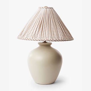 neutral table lamp with gingham shade