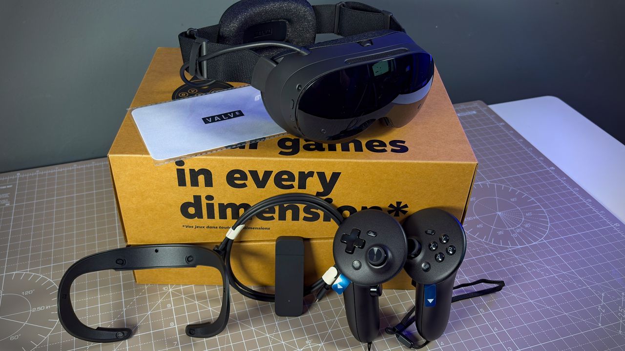 The Steam Frame on its box with the accessories included.