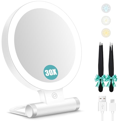B Beauty Planet 1x/30x Double Sided Magnifying Mirror With Light, 3 Lighting Modes, 2000mah Brightness Adjustable, Compact and Foldable Travel Makeup Mirror