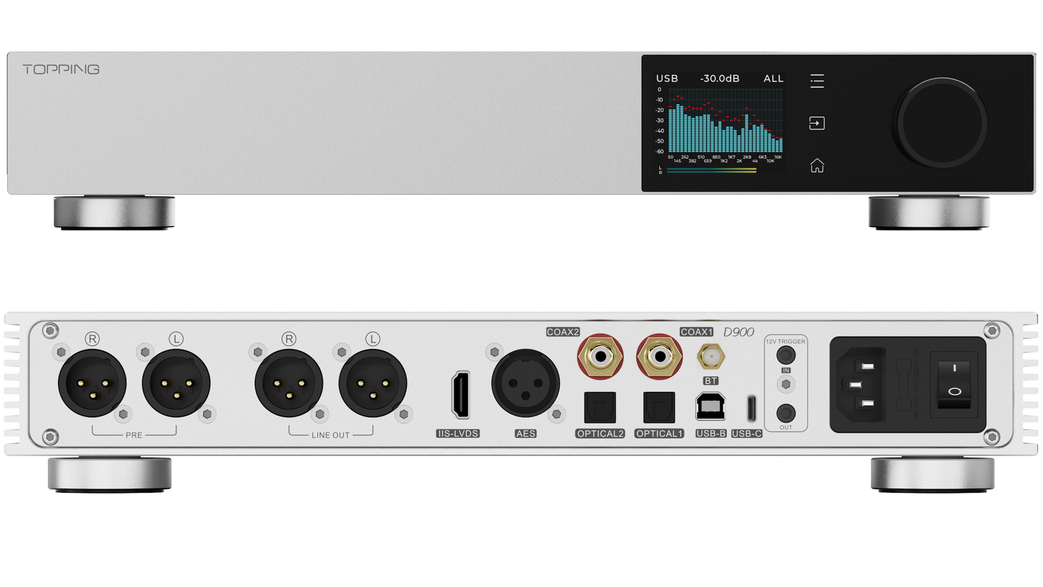 Topping D900 DAC/preamp front and rear views on a white background