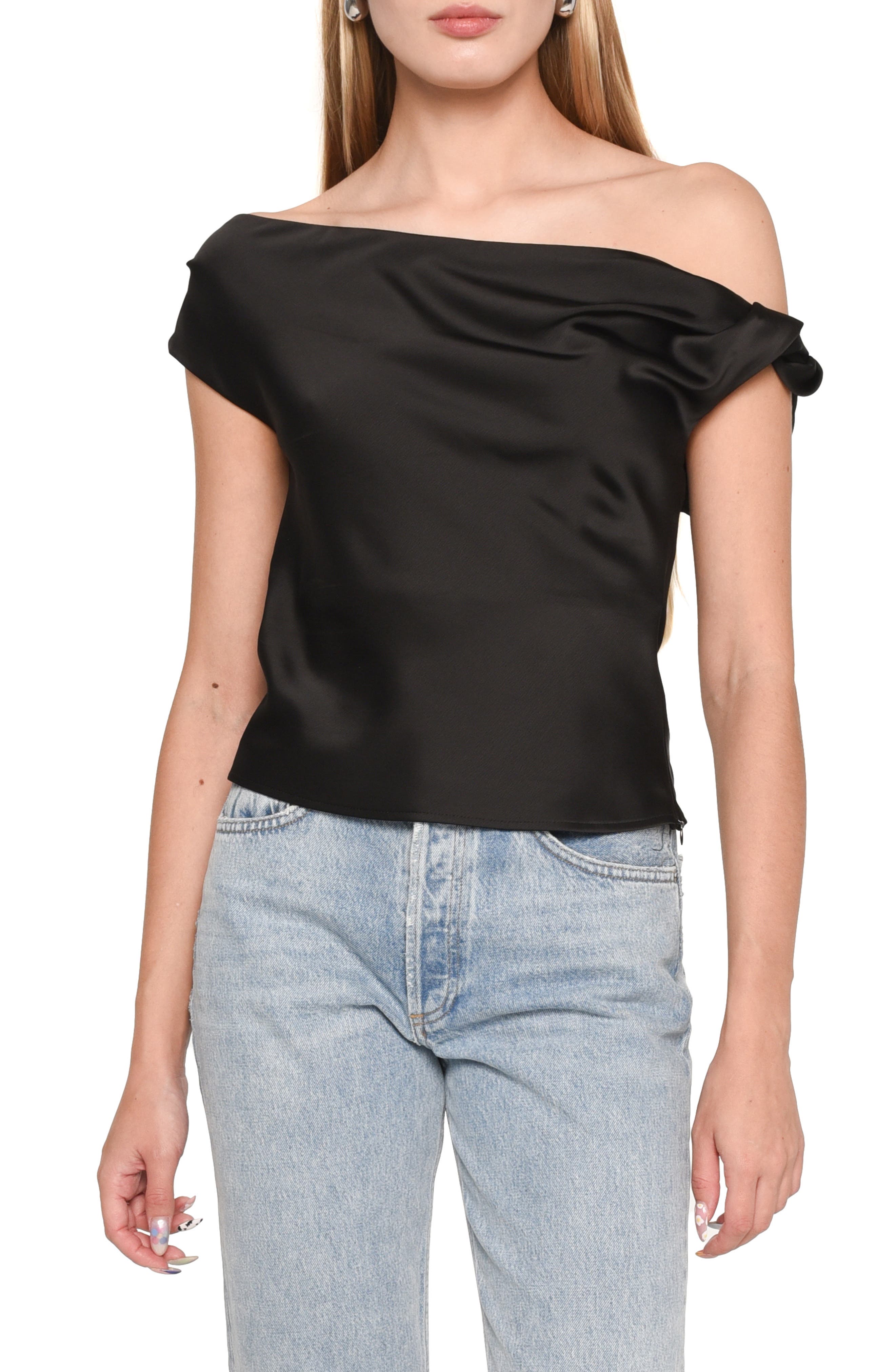 Twist One-Shoulder Satin Blouse