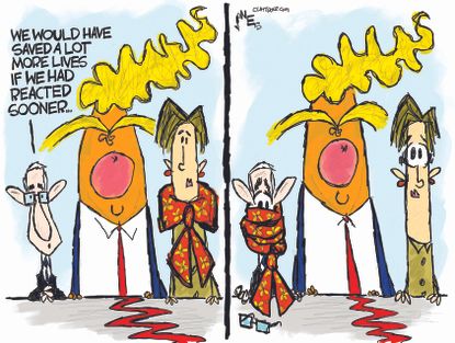 Political Cartoon U.S. Trump Fauci Birx failed to act sooner cost lives