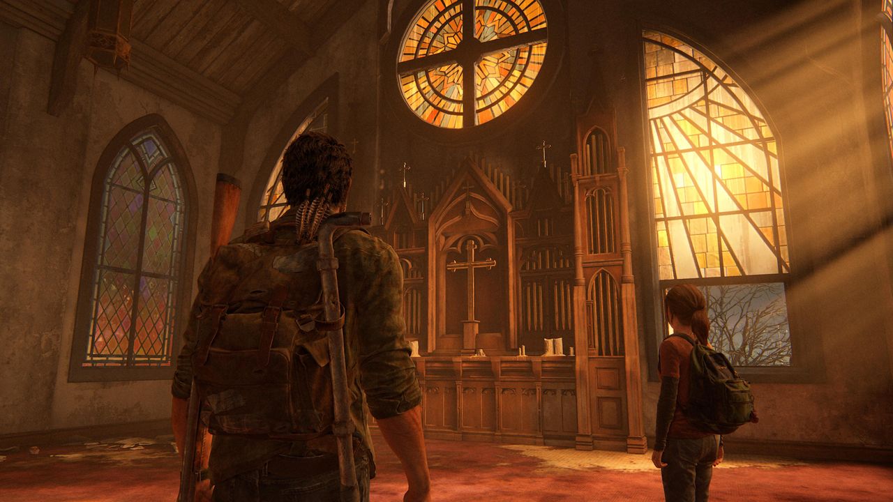 Joel and Ellie in church in The Last of Us Part I