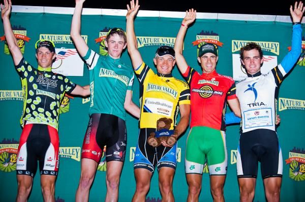 The men's jersey's: Sport Beans King of the Hill Kyle Wamsley (Bissel Pro Cycling), Nature Valley Top Amateur Chad Haga (Team Rio Grande), Nature Valley Race Leader and Wheaties Top Sprinter Robert Forster (United Healthcare Pro Cycling Team), Jesse Anthony (Kelly Benefit Stratgies-Optum Health), Tria Best Young Rider Joey Rosskopf (Team Type 1 Development)