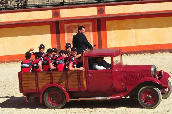 The BMC team arrives in a jalopy