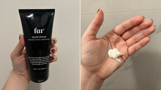 Split image of hand holding up bottle of FUR Shave Cream and hand with product in palm