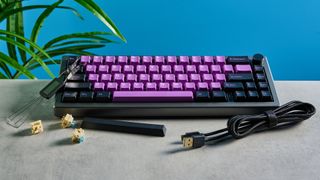 A black and purple Epomaker EK68 wireless mechanical keyboard