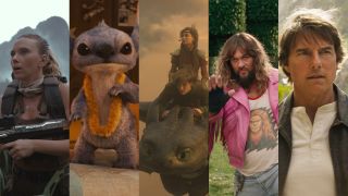 Scarlett Johansson in Jurassic World Rebirth, Lilo & Stitch, How To Train Your Dragon, Jason Momoa in Minecraft and Tom Cruise in Mission: Impossible - The Final Reckoning side-by-sides