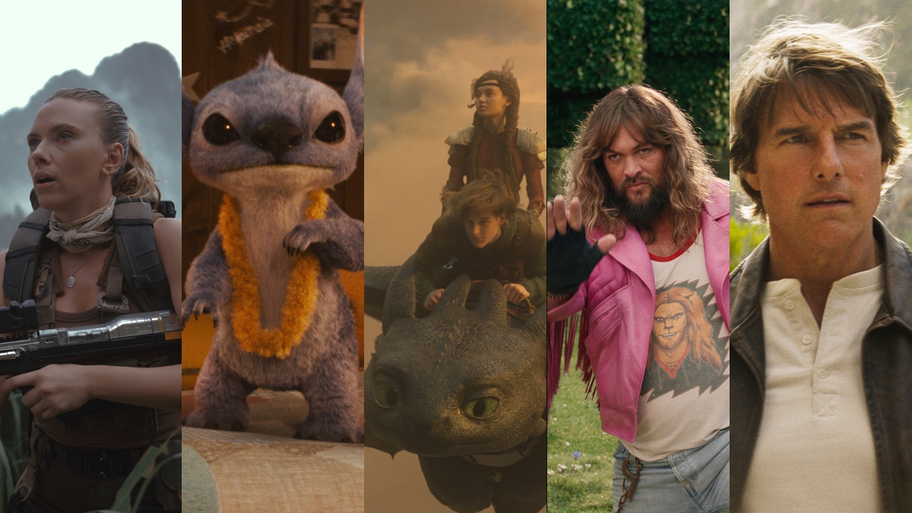 Scarlett Johansson in Jurassic World Rebirth, Lilo &amp; Stitch, How To Train Your Dragon, Jason Momoa in Minecraft and Tom Cruise in Mission: Impossible - The Final Reckoning side-by-sides 