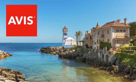 avis logo top left with an image of a hotel by sea