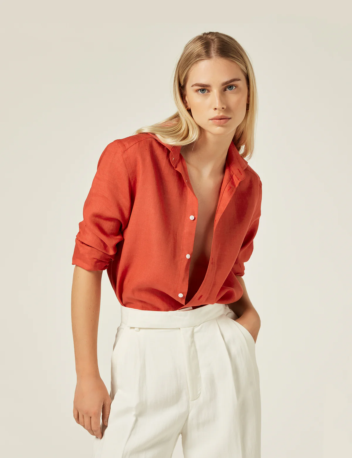 With Nothing Underneath, The Boyfriend Linen Shirt in Cardinal Red