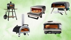 Five of the best pizza oven deals: the Gozney Arc, Gozney Dome, Tefal x Jamie Oliver, and Ooni Karu 16 on a green background
