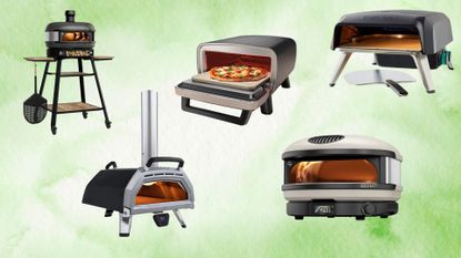 Five of the best pizza oven deals: the Gozney Arc, Gozney Dome, Tefal x Jamie Oliver, and Ooni Karu 16 on a green background