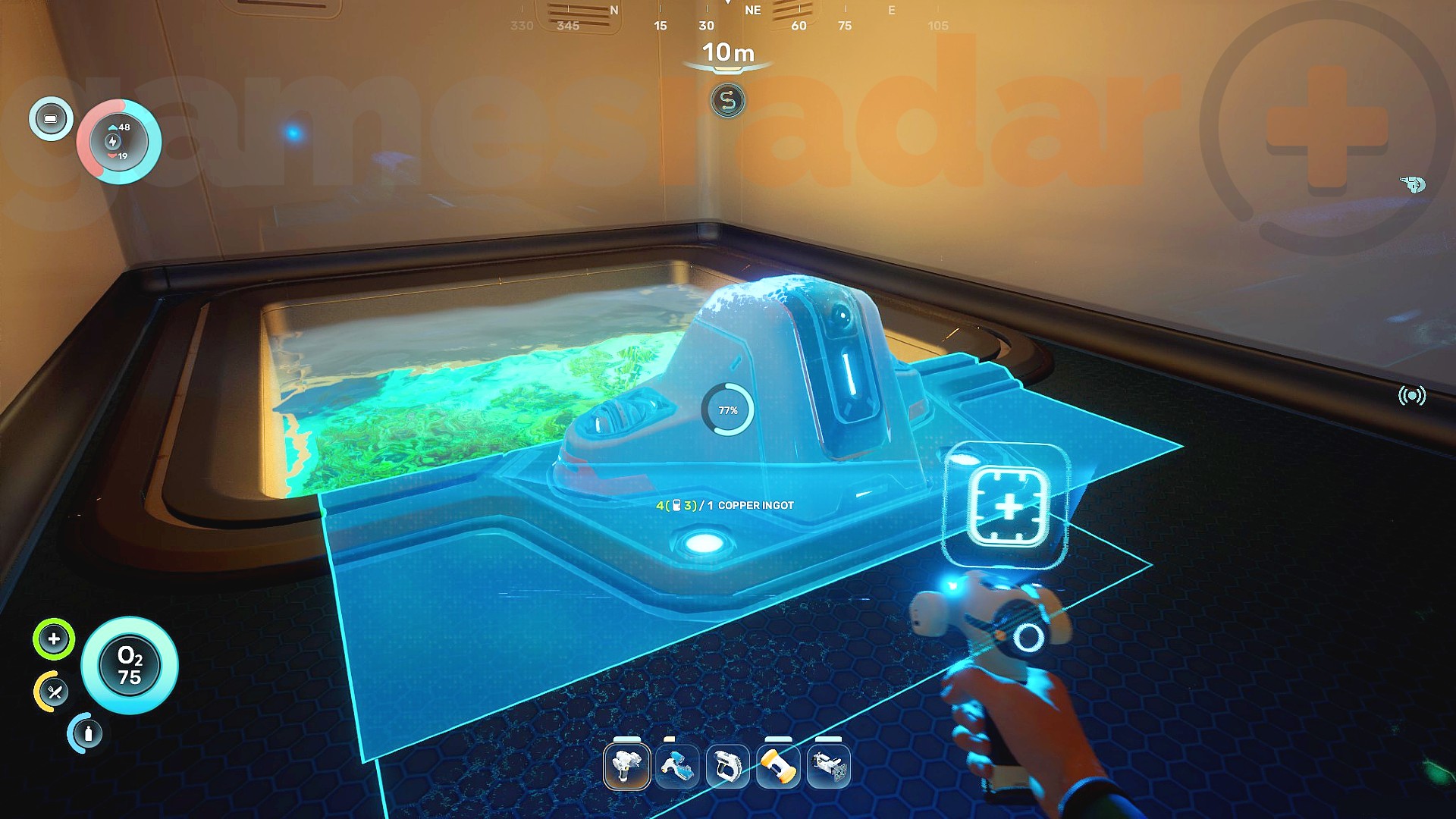 A player places the vehicle fabricator against a moonpool so they can craft a Subnautica 2 tadpole