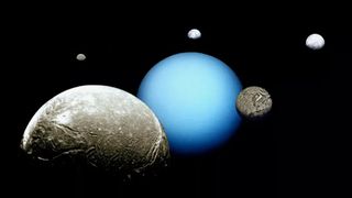 Compilation of Uranus and five major moons captured by the Voyager 2 spacecraft.