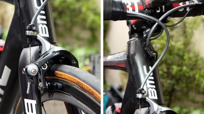 Cadel Evans (BMC) runs his brakes Aussie-style with the right-hand lever clamping the front caliper