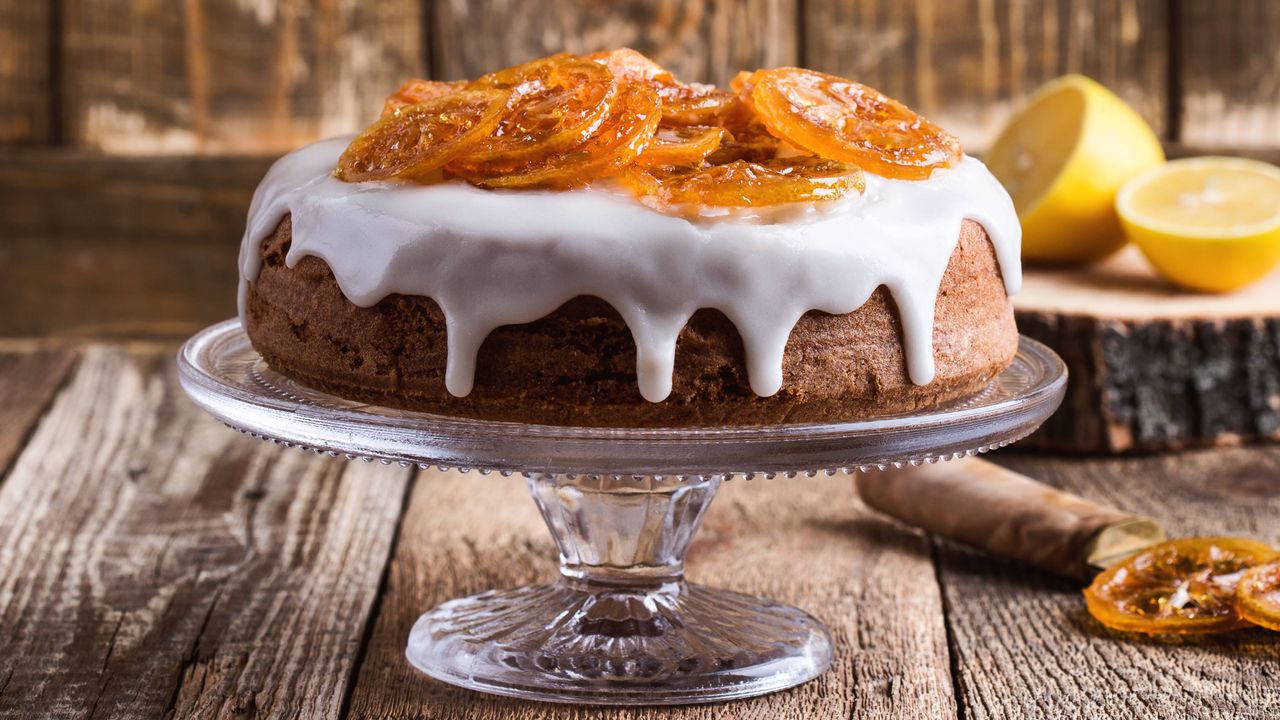 Lemon and orange cake on a cake stand