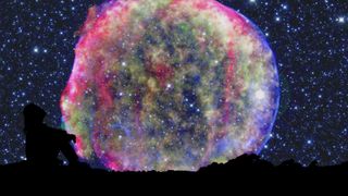 A silhouette of a person stares up at Tycho's supernova.