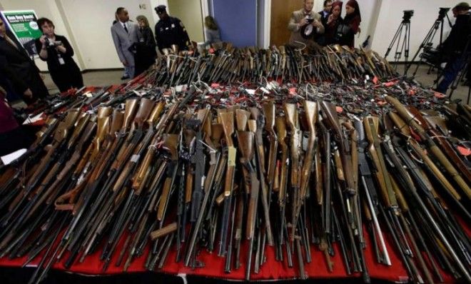 Guns are displayed in Camden, N.J.
