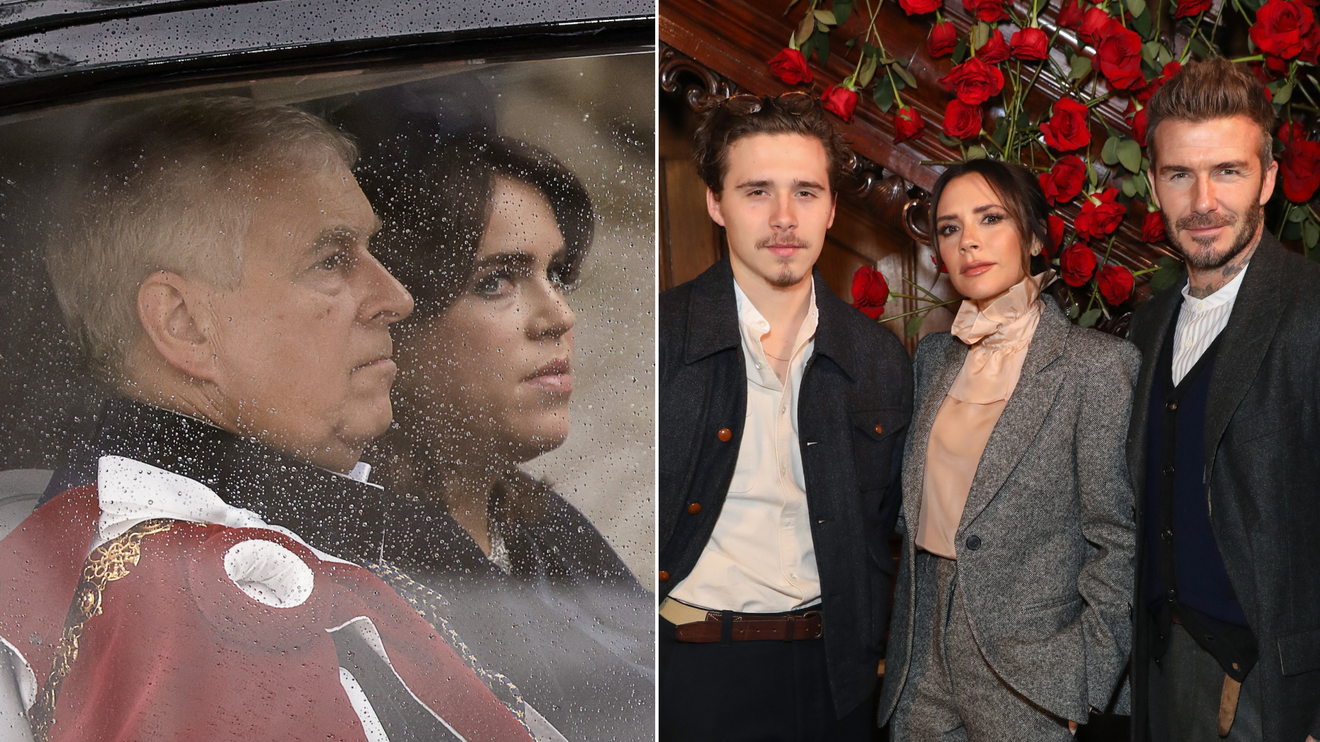 Ex-Prince Andrew and Princess Eugenie ride in a car in the rain and Brooklyn Beckham stands with parents Victoria and David before their feud