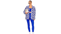 Beach Riot Skye Jacket
RRP: $227/£237
A cobalt blue checkered jacket with front patch pockets that falls at the thighs.  