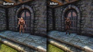 An NPC stands in front of a door, A-posing and lit up in the Before shot, posed normally and in shadow After