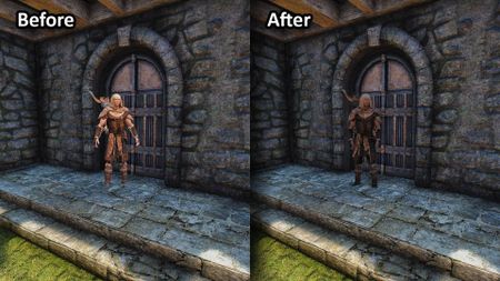 An NPC stands in front of a door, A-posing and lit up in the Before shot, posed normally and in shadow After