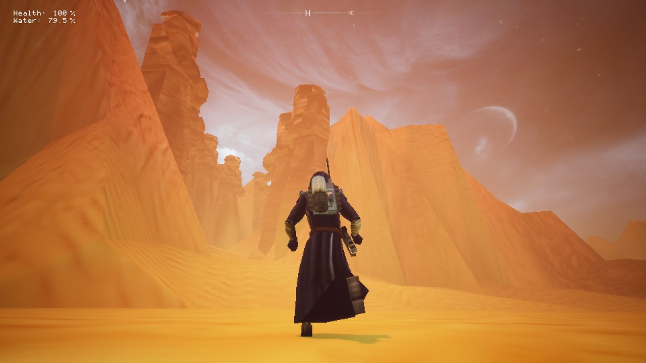 Running towards giant skeletal statues in the desert in It Comes In Waves
