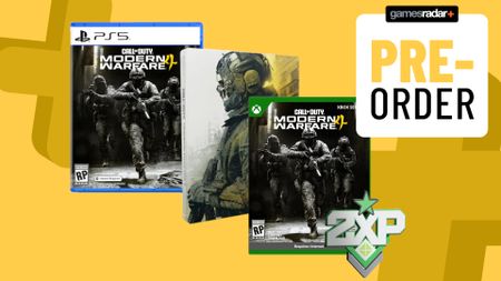 Call of Duty Modern Warfare 4 pre-order bonuses on a yellow background with badge