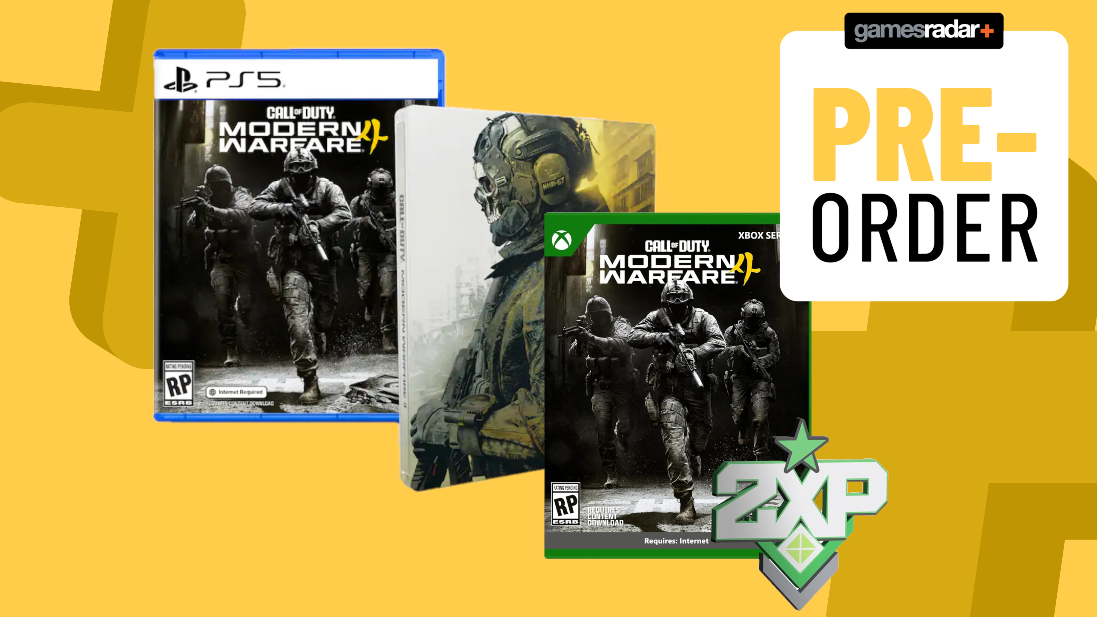 Call of Duty Modern Warfare 4 pre-order bonuses on a yellow background with badge