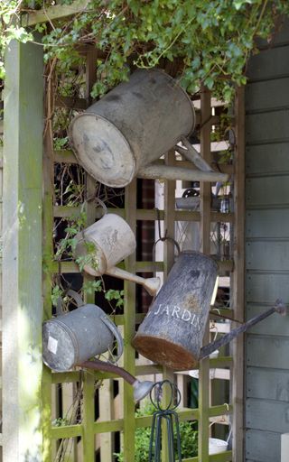 antique watering cans tied to a trellis in a cottage garden