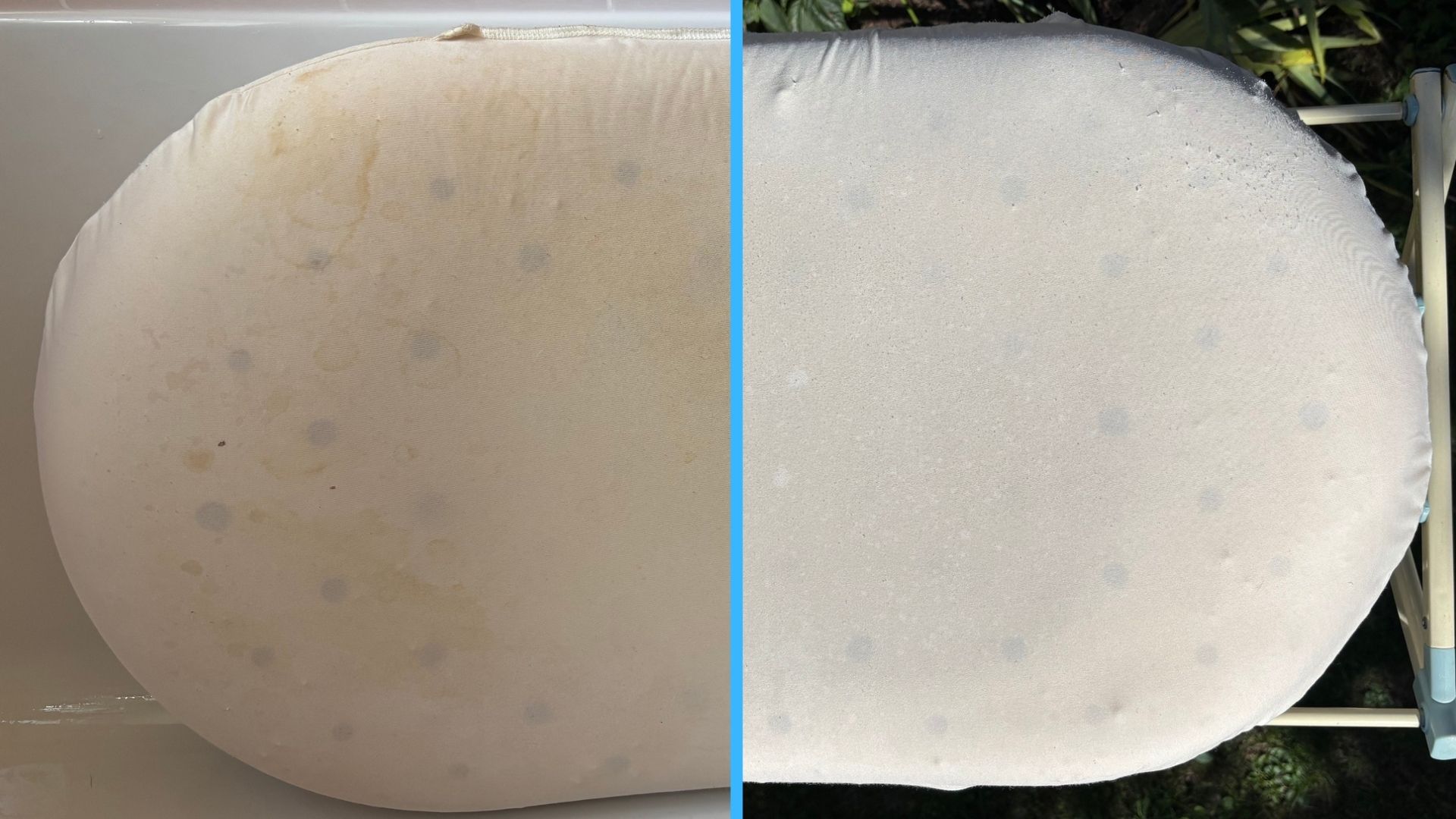 The composite image shows a memory foam pillow stained yellow with sweat and oil. One the right, the same pillow is restored to its bright white color after cleaning.