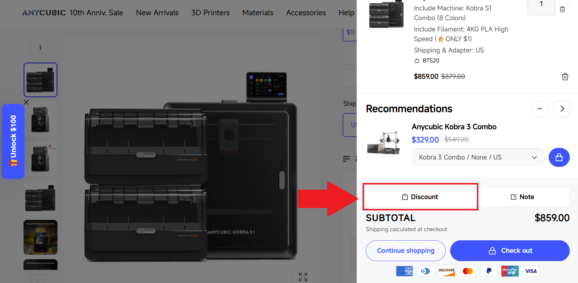 A screenshot showing the anycubic checkout page and where to enter an anycubic discount code