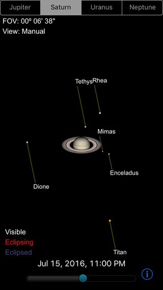 The Gas Giants app shows the relative positions of the moons of the four gas giant planets, Jupiter, Saturn, Uranus and Neptune. The arrangement shown here for Saturn, at 11 p.m. EDT on July 15, 2016, will match the view as seen through a backyard telescope at that time, except for any image inverting or mirroring introduced by the telescope's optics. The Settings menu lets you flip the view to match your telescope, and also allows you to select from a range of common scopes and eyepieces to more precisely simulate the magnification and field of view in your equipment. The slider at the bottom lets you advance and reverse time.