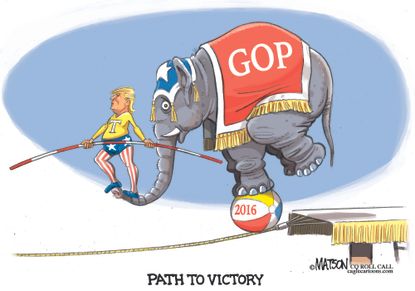 Political cartoon U.S. 2016 election Donald Trump GOP victory path circus