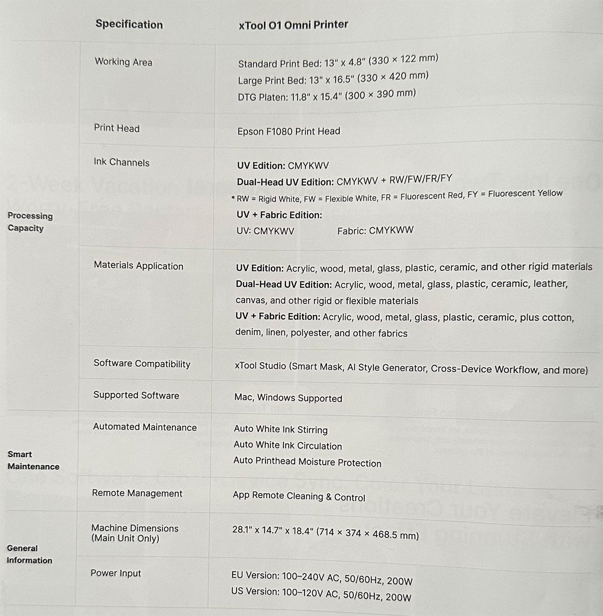 xTool 01 Omni Printer specs