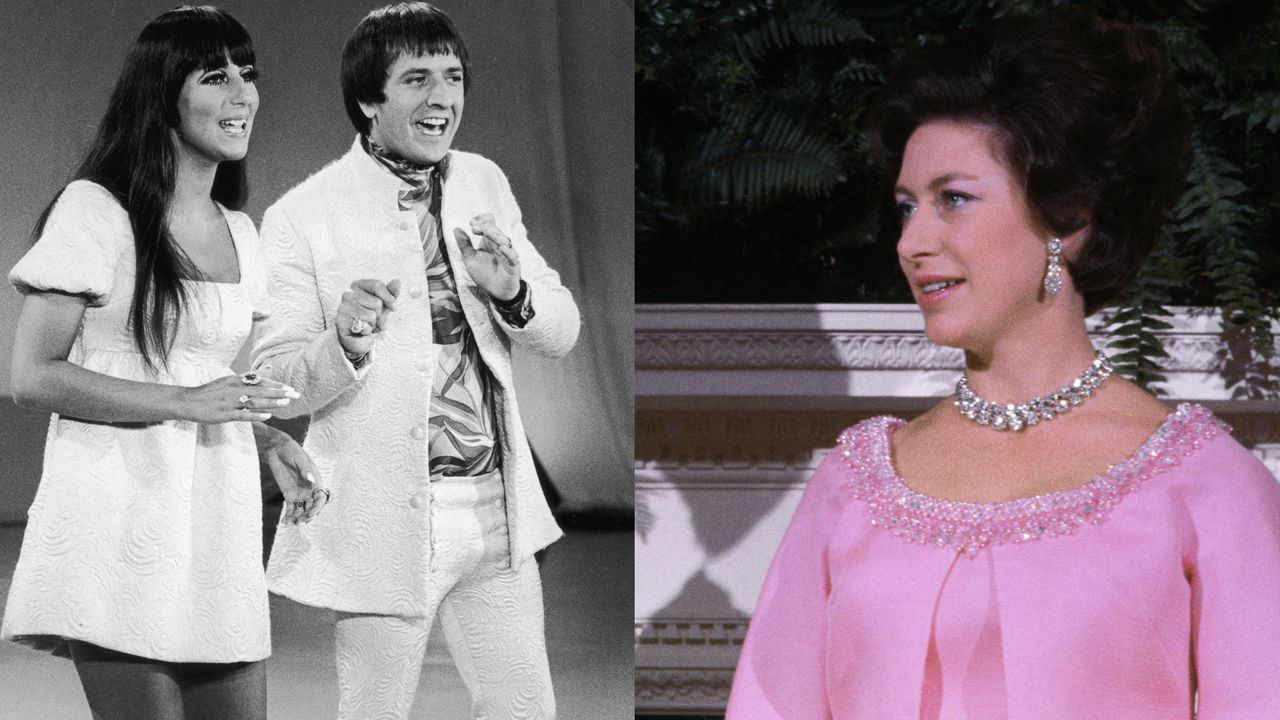 A black and white photo of Sonny and Cher wearing white outfits next to a photo of Princess Margaret wearing a pink gown and diamonds looking off to the left