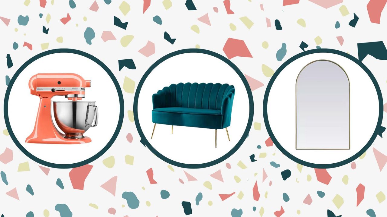 Home Depot sale items on a splattered multicolored background, including a pink KitchenAid mixer, a scalloped velvet teal loveseat, and a brass arched mirror