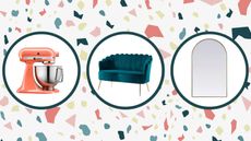 Home Depot sale items on a splattered multicolored background, including a pink KitchenAid mixer, a scalloped velvet teal loveseat, and a brass arched mirror