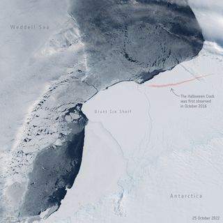 satellite image of an iceberg (at bottom) beside the weddell sea. an illustrated line in red shows the position of the halloween crack, along with explanatory text