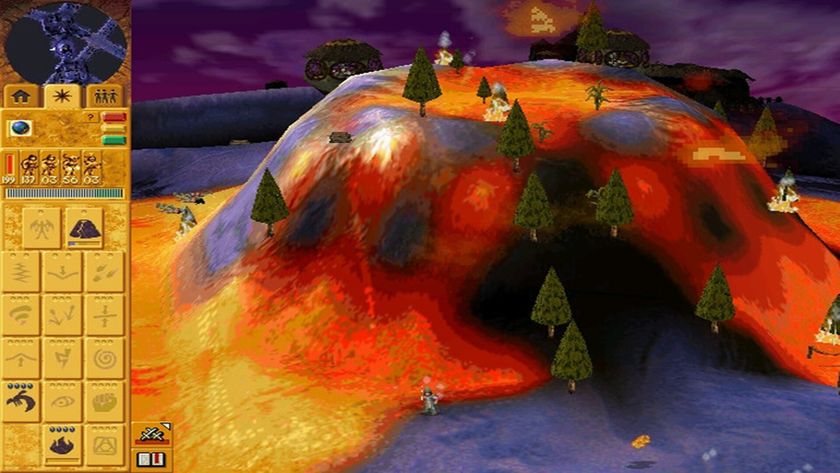 A screenshot shows a volcano in the game Populous