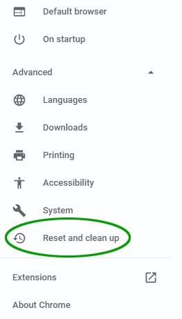 The 'Reset and clean up' option highlighted in the Chrome settings page.