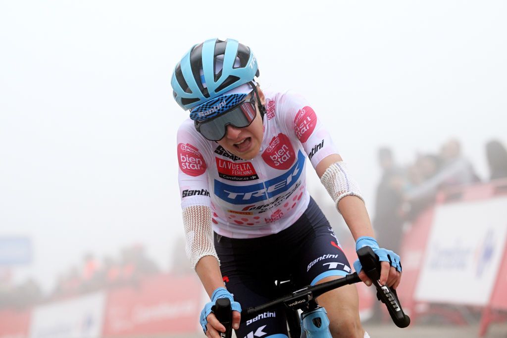 LAGOS DE COVADONGA SPAIN MAY 07 Gaia Realini of Italy and Team TrekSegafredo White most combative rider jersey crosses the finish line as second place winner during the 9th La Vuelta Femenina 2023 Stage 7 a 937km stage from Pola de Siero to Lagos de Covadonga 1079m UCIWWT on May 07 2023 in Lagos de Covadonga Spain Photo by Dario BelingheriGetty Images