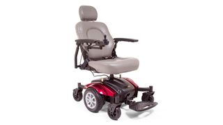 Best electric wheelchairs: The Golden Compass Sport shown with a red base and a taupe color seat