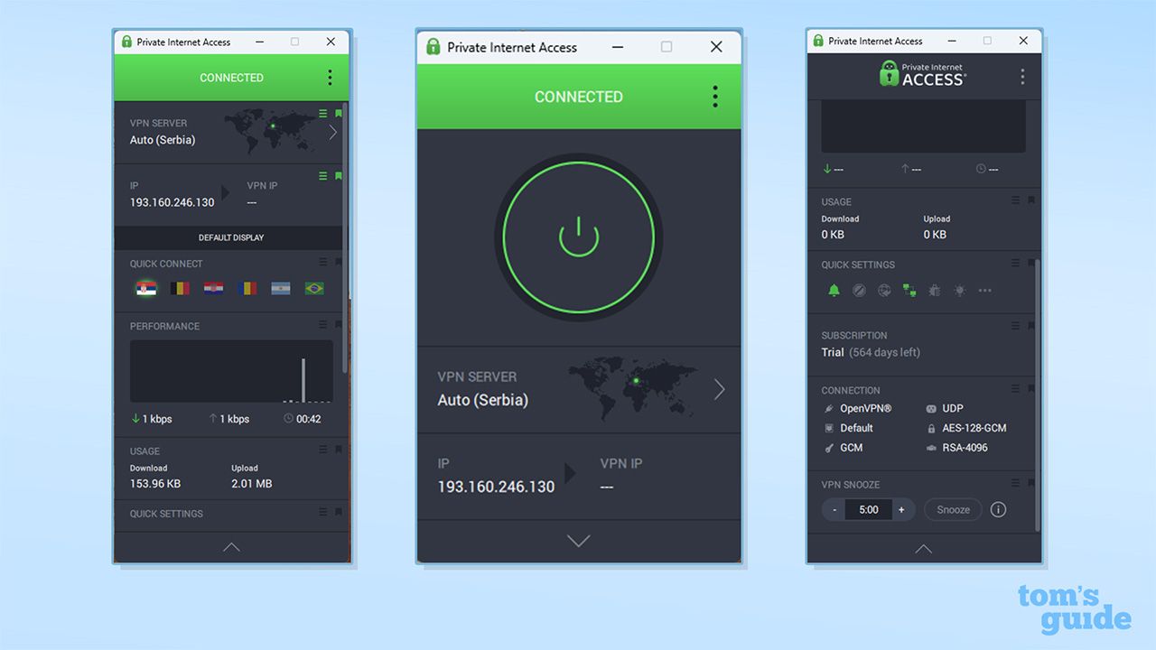 Three screenshots showing PIA connected on its Windows app as well as its settings. On the left is PIA's stats while connected on its Windows app. There is a widget for VPN performance, as well as trackers for its download and upload speed. In the middle is PIA connected on the Windows app. There a big green on/off button in the middle and a green banner which reads 'connected'. On the right is PIA's quick settings on its Windows app.