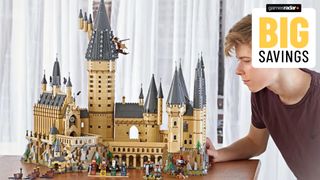 A boy looks at the complete Lego Hogwarts Castle set