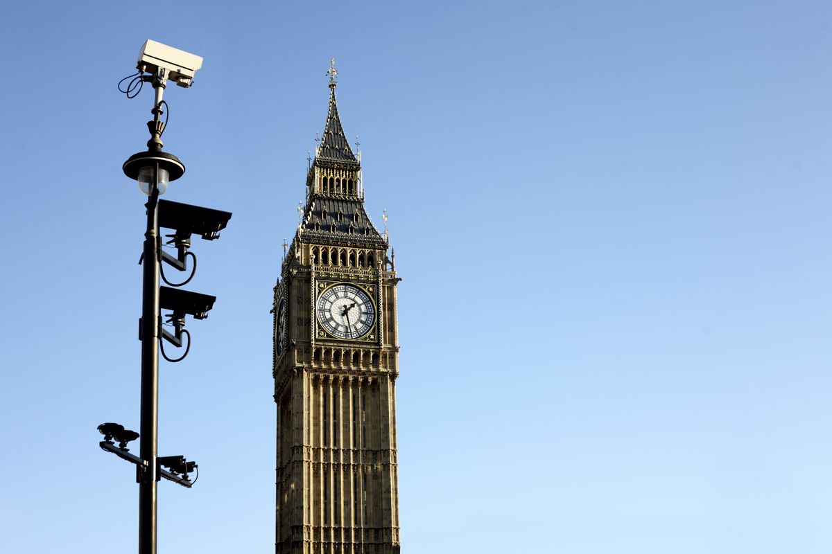 Surveillance camera in front of Big Ben in London, UK