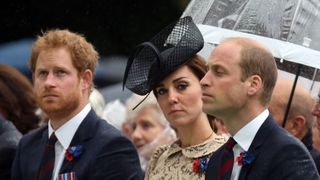 thiepval, france july 1 l r prince harry, catherine, duchess of cambridge and prince william, duke of cambridge during the commemoration of the centenary of the battle of the somme at the commonwealth war graves commission thiepval memorial on july 1, 2016 in thiepval, france the event is part of the commemoration of the centenary of the battle of the somme at the commonwealth war graves commission thiepval memorial in thiepval, france, where 70,000 british and commonwealth soldiers with no known grave are commemorated photo by steve parsons poolgetty images