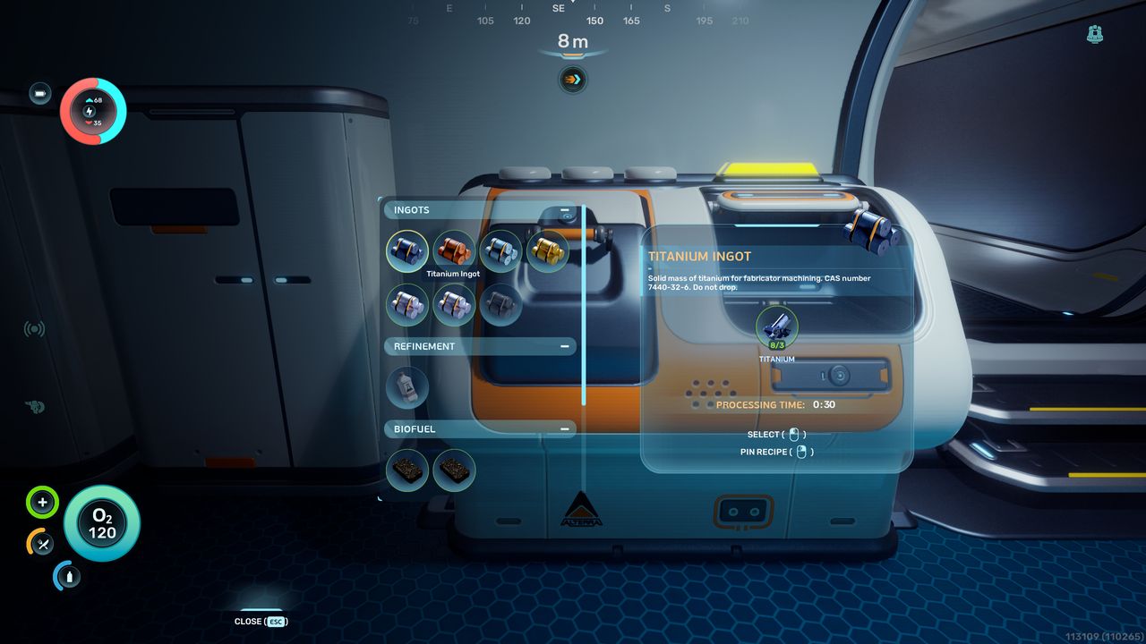 Subnautica 2 Titanium Ingots: A player interacting with a Processor inside their base to manufacture ingots and other recipes.